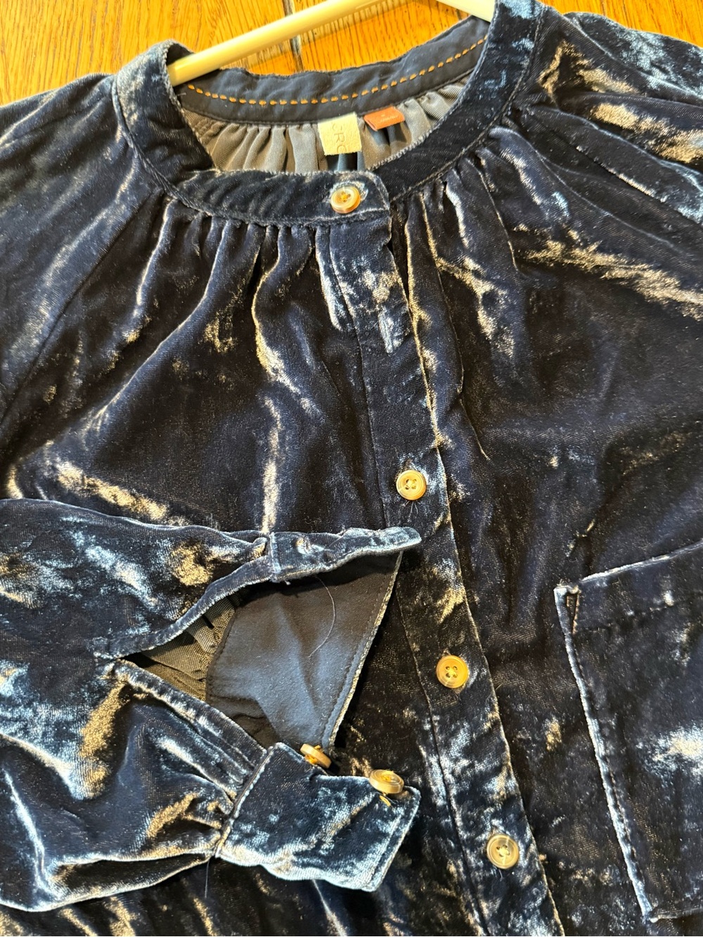Festive, cozy, slate blue crushed velvet collarless long sleeve button down top